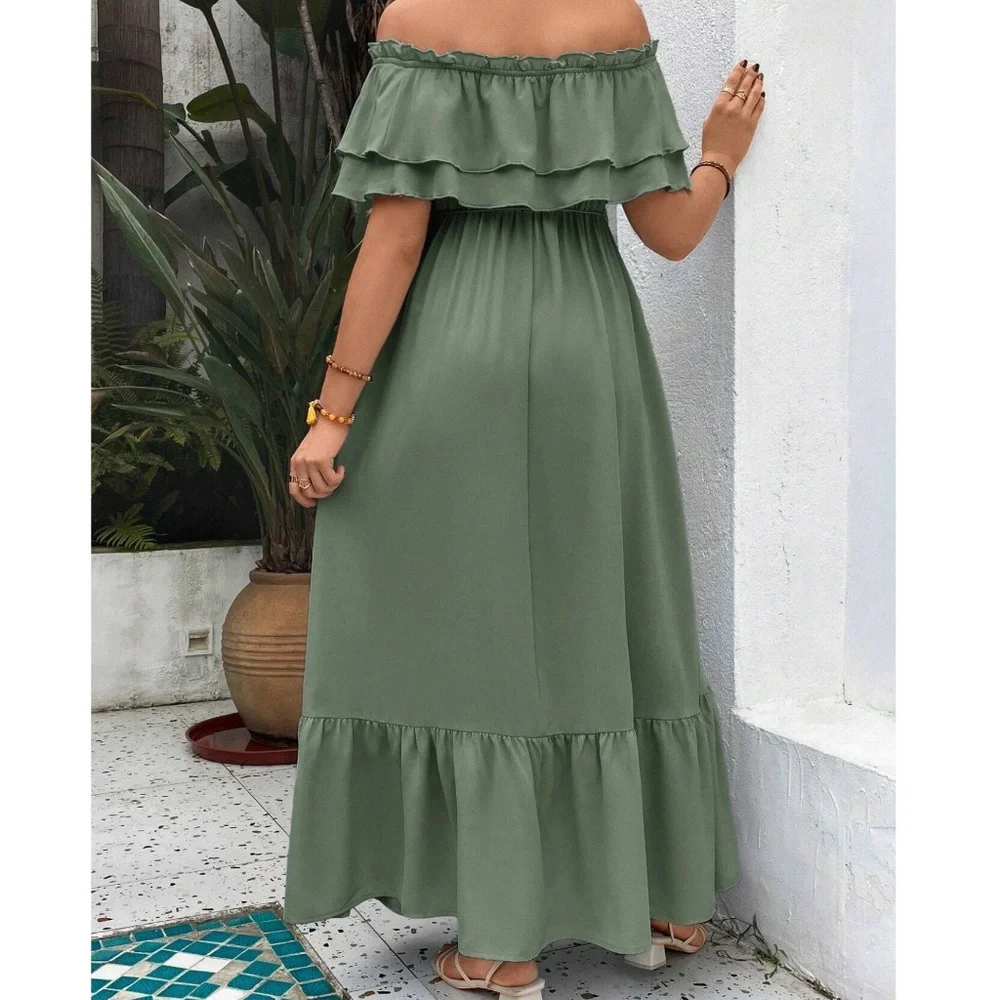Maternity Off Shoulder ruffle Hem Stretchy Waist Maxi Dress - Picture 3 of 8